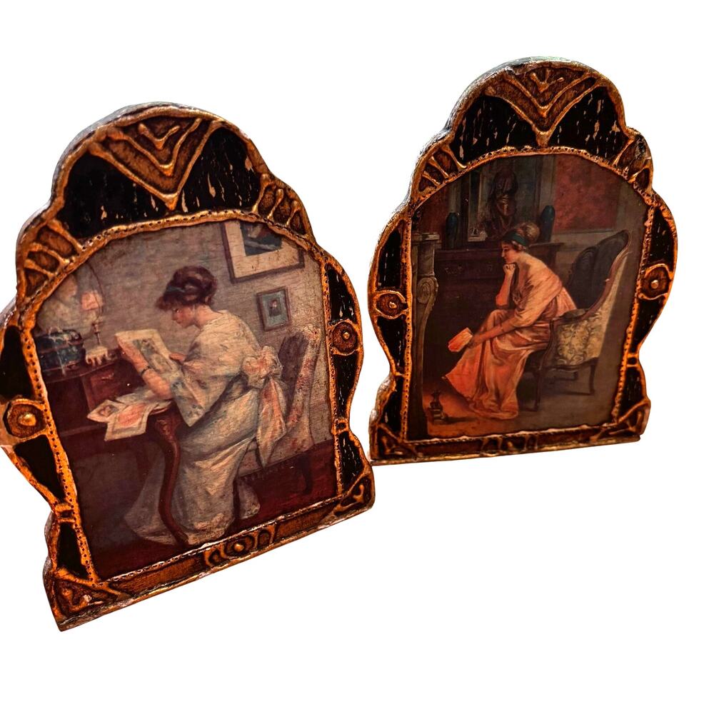 Vintage Italian Florentine style painted wooden bookends pair art nouveau ladies